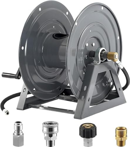 M MINGLE Pressure Washer Hose Reel 300ft, Heavy Duty Hose Reel, Manual Crank Power Washer Hose Reel with Swivel Arm, Wall/Floor/Truck Mounted, 4000 PSI