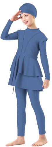 Kinder Baby Mädchen Muslimischen Badeanzug Islamischen Ganzkörper Full Cover Langarm Top Hose Burkini Set Schwimmanzug 3-teilig Einfarbig Bademode Rock mit Mütze Teenager (Blue, 10-11 Years)
