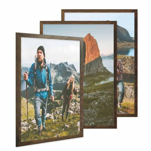PHOTOLINI Bilderrahmen 50x70 3er Set Eiche Dunkel, Puzzle Rahmen 50x70 Holz MDF mit Acrylglas, Bilderrahmen 70x50 groß zum Aufhängen, Picture Frame 70x50 mit Zubehör, Posterrahmen für Fotos & Poster