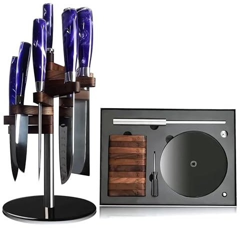 Ktchnhlprz Porte-couteaux de qualité supérieure en bois de noyer, acier inoxydable et verre, non équipé, hygiénique et peu encombrant, rotatif, porte-couteaux de cuisine, bloc à couteaux sans couteau,