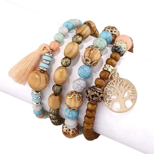 ZKGYUS Bracelet Perles Bois Pour Femme, Lot de 4 Bracelets Style Bohème, Bracelet Extensible Multicouche Avec Accessoires Arbre De Vie et Gland