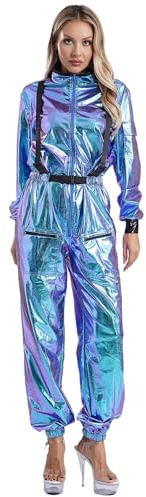 Linjinx Damen Astronaut Kostüm Raumfahrer Metallic Jumpsuit Overall Langarm Raumanzug Spacegirl Kostüm Weltall Outfit Halloween Karneval Kostüm