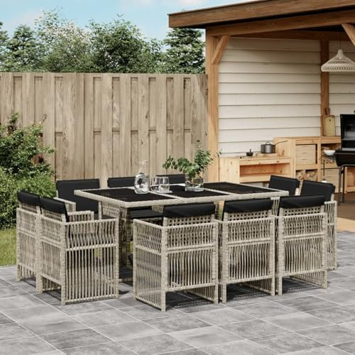 Homgoday 11-TLG. Garten-Essgruppe mit Kissen Gartenmöbel Set Sitzgruppe Gartenstuhl mit Tisch, Balkonmöbel Terrassenmöbel Gartengarnitur Sitzgarnitur Hellgrau Poly Rattan