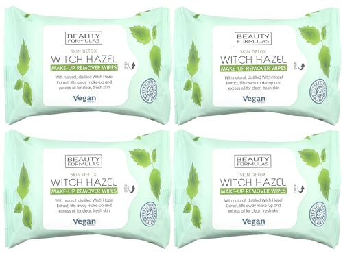 4-Pack Witch Hazel Make-Up Remover Wipes – 25 Wipes Per Pack, Lifts Away Makeup & Excess Oil, With Aloe Vera & Vitamins, Vegan