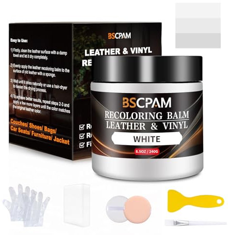BSCPAM White Leather Recoloring Balm,8.5oz Leather Sofa Scratch/Stain Remover,Leather Repair kit for Vinyl Furniture and Car Interior,Leather Dye Paint for Scratched and Faded,Leather Color Restorer