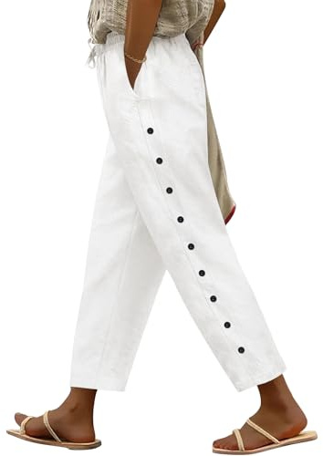Voqeen Sommerhose Damen Leicht und Luftig 7/8 Palazzo Hose Sommer Stoffhose Weite Baumwolle Freizeithose Plissee Lockere mit Taschen und Gummizug für Urlaub Strand Arbeit