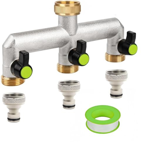 GEDEGOOK Distribuidor de Agua de 3 Vías 3/4'', Grifo de Jardin Triple, Adaptador Grifo Manguera Distribuidor de Jardín de 3 Vías, Adaptador de Manguera de jardín, Regulador de Flujo y Bloqueable