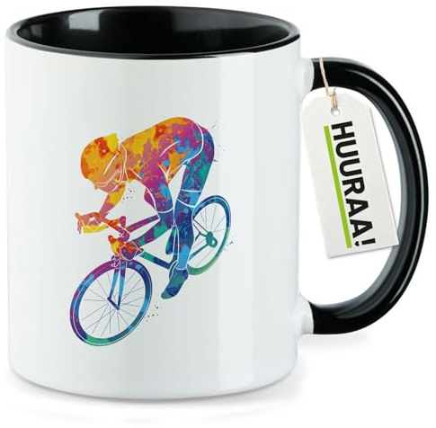 Huuraa Kaffeetasse Radsport bunte Silhouette Geschenk | Motivtasse 330ml Schwarz Keramik Tasse mit Spruch Kaffeebecher Geschenkidee Becher mit Motiv