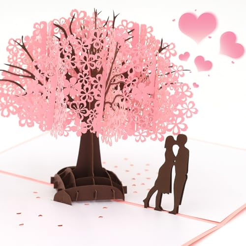 Biglietto Anniversario, Pop Up biglietto Albero di ciliegio in fiore, Biglietto auguri romantico per anniversario fidanzamento per lui, Biglietto regalo san valentino per lei 3D per dire ti amo (rosa)