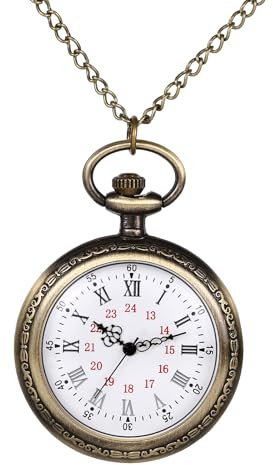 JewelryWe Retro Taschenuhr Herren mit Kette, Vintage 24-Stunden-Zifferblatt Analog Quarz Kettenuhr mit Römischen und Arabischen Ziffern Unisex Antik Bronze Uhr Anhänger mit Langer Halskette