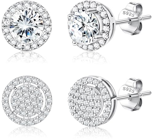 Dochais 2 Pares de Pendientes de Plata 925 Bañados en Oro 14K para Hombre y Mujer, Circonitas Cúbicas Redondas y Cuadradas Imitación Diamante, Iced Out, Hipoalergénicos
