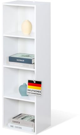 Floordirekt Bücherregal, Regal weiß mit 4 Fächern, Würfelregal, 24T x 32B x 106H cm, Raumteiler für Kinderzimmer, Wohnzimmer, Büro und Schlafzimmer (Alaska)