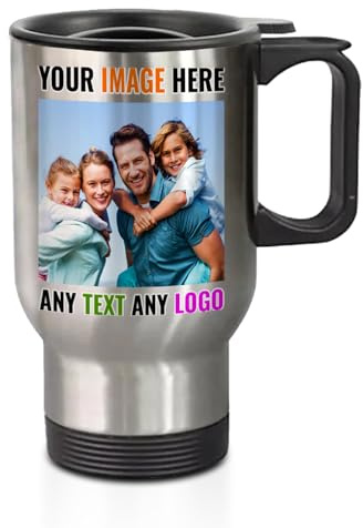 Personalised Travel Mug Silver | Coffee Travel Cup | Leakproof, Thermal & Stainless-Steel 14 oz Travel Mug for Hot and Cold Drink | Any Text and Photo | Customised Gift for Mom, Dad, & Many Occasions