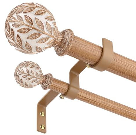 Wood Double Curtain Rod 36-122 Inch, Boho Decorative Long Dual Curtain Rods for Windows, 1 Adjustable Heavy Duty Double Rod, Unique Handmade Imitation Wood Grain Leaf Finial Design