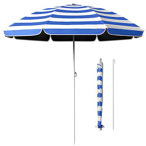Ombrellone da giardino regolabile a righe blu/bianche – Ombrellone pieghevole da patio con inclinazione per protezione solare, perfetto per balconi e spazi esterni, supporto non incluso