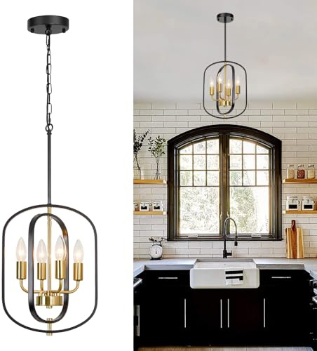 JHLBYL Esszimmerlampe Hängend Schwarz Gold 4- Flammig Metall Deckenlampe Schlafzimmer Hängend mit E14 Fassung Pendelleuchten Wohnzimmerlampe Decke