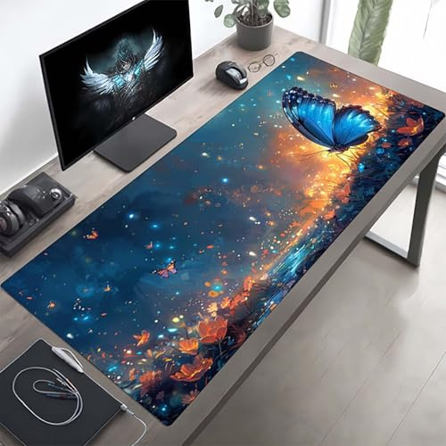 Gaming Mauspad 160 x 80cm Gaming Mousepad XXL Schmetterling Blau Mauspad Schreibtischauflage, Genähte Kanten Mausmat, rutschfeste Gummibasis, Schreibtisch Schutz für Home Büro, Geschenke PjY9750 T-4