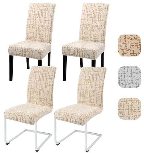 Alishomtll Dining Chair Covers Set of 4 Stretch Jacquard Seat Covers Beige | Elastic Removable Chair Slipcovers for Dining Chairs, Reusable Washable Chair Protector for Dining Room Hotel Banquet