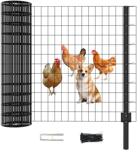 SUNYRISY Metall Hühnerzaun Gartenzaun Maschendrahtzaun 115cm hoch mit 5 x Pfosten, 15m lang Mobiler Hundezaun Weidezaun Steckzaun Begrenzungszaun Schafzaun, Verzinkter Material, Schwarz