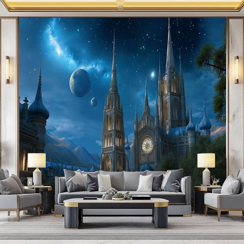 Carta da Parati Fotomurale XXL 200 x 140 cm, Blu Poster Murale 3D in Tessuto Non Tessuto per TV Corridoio e Soggiorno, Decorazione Interni di Grande Impatto Architettura Gotica Esotica Cielo Stellato