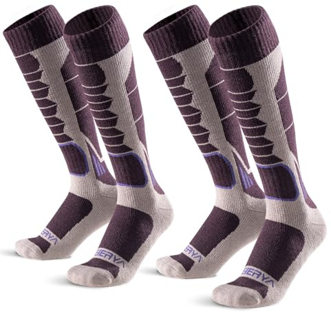 WEIERYA Womens Ski Socks 2 Pairs Pack for Skiing, Snowboarding, Thermal Merino Wool Ski Socks for Womens Purple (6-8)