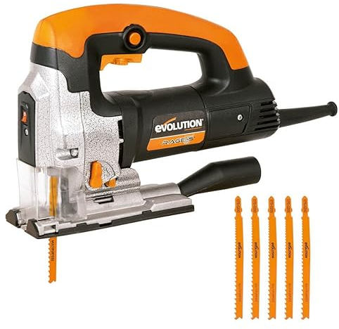Evolution Power Tools Rage 7-S Scie sauteuse polyvalente – Coupe le bois, l’acier, le plastique et plus encore – 5 lames incluses, 710 W