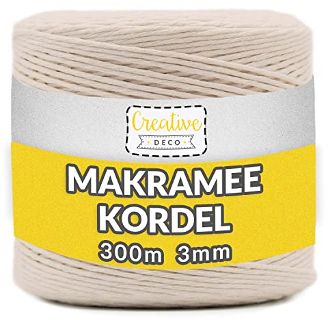 Creative Deco 3mm x 300m Corde Macramé Fil de Coton Beige | +/- 0.5 mm d’Épaisseur | Ficelle de 12 Plis | Cordelette Naturel | Cuisine, Jardin, Decoration, Jardinage, Emballage Cadeau, Bricolage