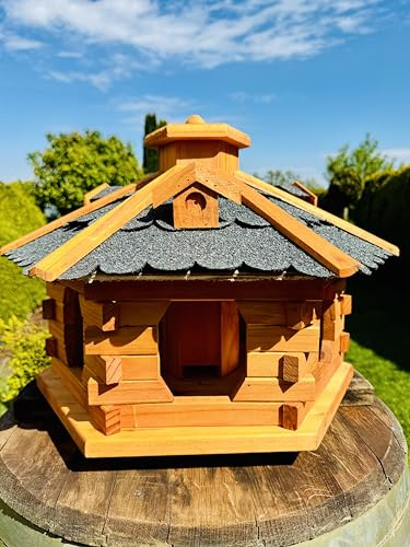 DARLUX Mangeoire à oiseaux hexagonal en bois fait à la main - Résistant aux intempéries - Taille M - XXL avec et sans support - Mangeoire - Toit en bitume