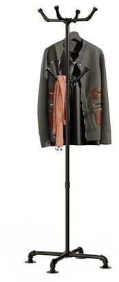 THRONKENGER Industrial Coat Rack,Metal Pipe Coat Rack Stand Freestanding with 6 Hooks,Heavy Duty Coat Tree Sturdy Coat Racks for Entryway, Hallway, Bedroom (Black)