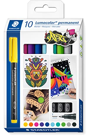 STAEDTLER permanent Marker Lumocolor permanent ART, für fast alle Oberflächen, wisch- und wasserfest, F-Spitze Linienbreite 0,6 mm, nachfüllbar, 10 Universalstifte in sortierten Farben, 318 C10