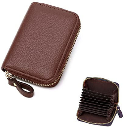 ZMREN RFID-blockerande kreditkortshållare i läder för kreditkort och sedlar, med dragkedja i rostfritt stål, Kaffefärg, 11 x 8 x 2.5 cm, Elegant
