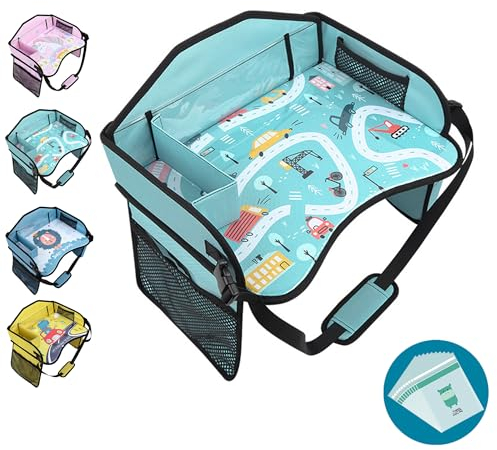 Amoilly Kids Travel Tray for Toddler Car Seat, Lap Travel Tray for Car Airplane, Car Trays for Kids Roadtrip Essentials with 15PC Trash Bag (Car Blue)