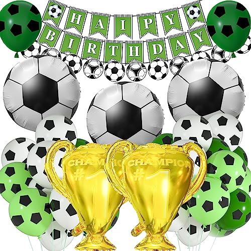 PLULON Soccer Birthday Decorations Happy Birthday Banner Football Garland with Football Balloons Large Trophy Gold Balloons for Birthday Party Supplies Sports Themed Party Décor