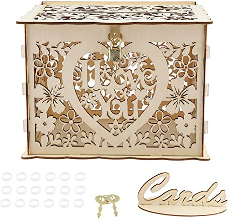 Lwuey Hochzeit Geschenkkartenbox, Rustikale Holz Briefbox mit Schloss | Kartenbox Geldbox mit I Love You Muster Ideal für Hochzeit, Geburtstag, Babyparty, Jubiläum – als Geldbox nutzbar