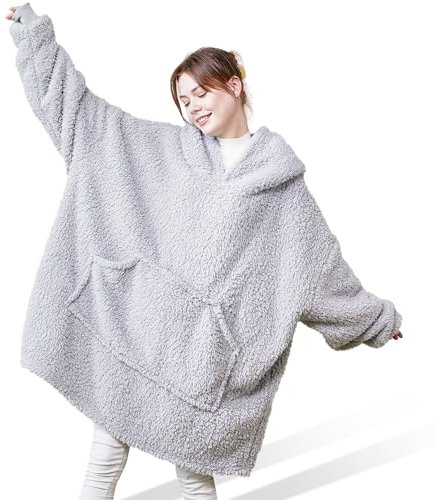 Mia&Coco Hoodie Blanket Women and Men, Oversized Hooded Blanket Hoodie with Pocket, 260GSM Sherpa Fleece Wearable Blanket Hoodie, OEKO-TEX Standards Cosy Hooded Blankets, Grey