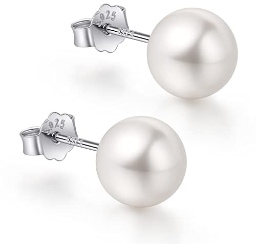 White Gold Plated Sterling Silver Pearl Stud Earrings for Women, White Pearl Wedding Earrings Hypoallergenic Jewelry