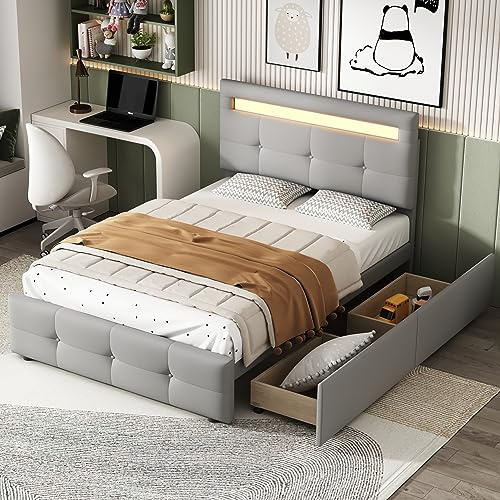 Dolamaní Polsterbett 90 x 200 cm, Hautfreundlich Jugendbett Kinderbett mit 2 Schubladen und Holz-Lattenrost, Einzelbett mit Stauraum (Grau)