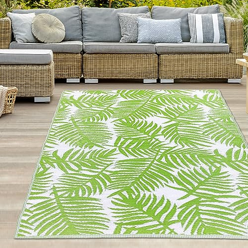 Teppich-Traum Tappeto da esterno in plastica resistente alle intemperie per tende da campeggio Tappeto da giardino Tappeto da balcone disegno palma tropicale verde-bianco 150 x 220 cm