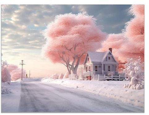 JOSUE Winterschnee Wohnzimmer Bilder Groß Leinwand,Schneebaumhaus Weiß, rosa Moderne Wohnzimmer Nordische Dekoration Wandkunst Malerei Bild-70x100cm Ungerahmt