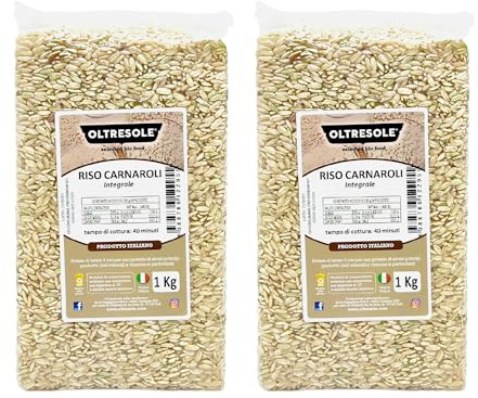 Oltresole, Italian Artisan Whole Grain Carnaroli Rice, 2-Pack 1 kg Vacuum Pack, Riz non raffiné à haute teneur en fibres, idéal pour les risottos et les salades de riz