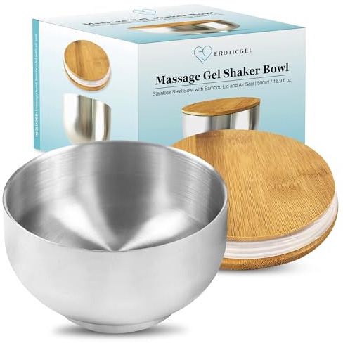 EROTICGEL Stainless Steel Mixing Bowl 500ml, Bamboo Lid, Anti-Slip Base | Engraved internal measurements and removable anti-slip base pad. For mixing nuru massage gel and powder. 500ml capacity