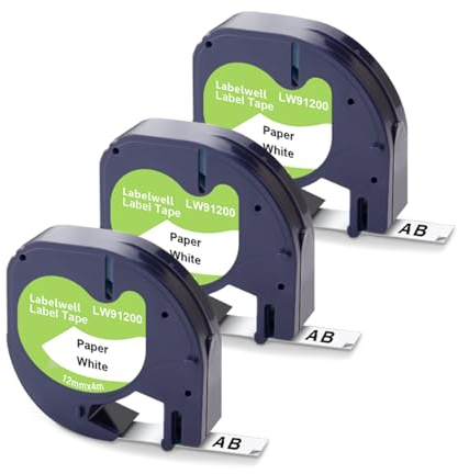 Labelwell 3x Kompatible für Dynmo Etikettenband Papier 12mm x 4m Kompatible für Dynmo 200B XR LT-100H LT-100T LT-110T LT100H 80 Beschriftungsgerät, 91220 91200 Schriftband Schwarz auf Weiß