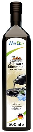 HerbBio ägyptisches Schwarzkümmelöl kaltgepresst Ungefiltert - Hoher Gehalt an THYMOCHINON - 100% naturrein Black seed oil - aus ägyptischen Nigella Sativa - mühlenfrisch direkt vom HerbBio (500ml)