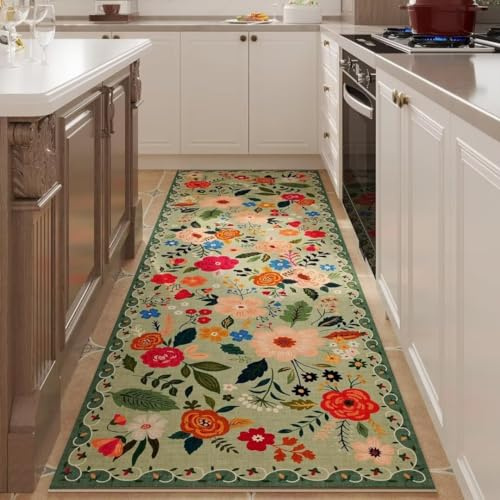 ARRITS Teppich Läufer Flur 60x160 cm, Küchenteppich Waschbar rutschfest, Weicher Boho Blumen Flurteppich Läufer Lang für Flure, Küche, Waschküche, Schlafzimmer, Badezimmer (Grün)