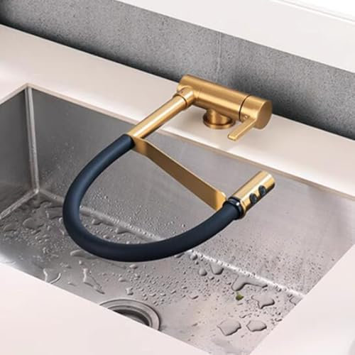 Vorfenster Küchenarmatur Klappbar Wasserhahn Küche Messing 2 Funktionen Wasser Kalt und Heiß Einzelgriff Spültischarmatur Vorfenster-Gebürstetes Gold