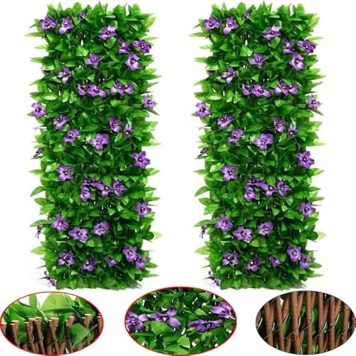 Lot de 2 panneaux de treillis de jardin extensibles avec fleurs violettes et lierre artificiel, clôture décorative imitation lierre pour terrasse, jardin - 200 x 40 cm