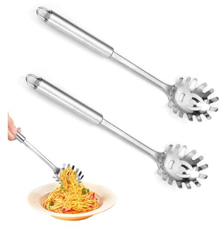 Bieiyhe 2 Nudellöffel Edelstahl 30 cm,Spaghetti Löffel,Nudelkelle,Pastaheber,Pastalöffel,Nudellöffel Mit Ergonomischen Griff,Spaghetti Küchenhelfer,Spaghettilöffel Hängbar,Nudellöffel Satinierter