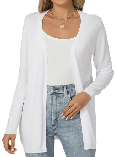 Famrrifuu Gilet Long Femme Cardigan Manches Longues Ouverte Devant Elegant Casual Veste Léger Gilet Été Printemps, Blanc, XXL