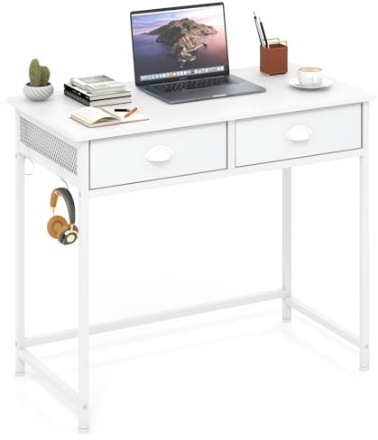 COSTWAY Computer Desk with 2 Drawers & 4 Hooks, 90 x 45 x 75cm (White) | 90cm Wooden PC Laptop Table for Small Spaces, Writing Workstation for Simple Home Office Working Gaming Study