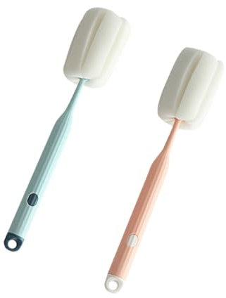 Healeved Sponge Cup Cleaning Brush Set with Long Handle, Milk Bottle Cleaner and Kettle Brush, Soft Dual-color Sponge for Household Bottle and Cup Cleaning, 2pcs (light Blue Pink